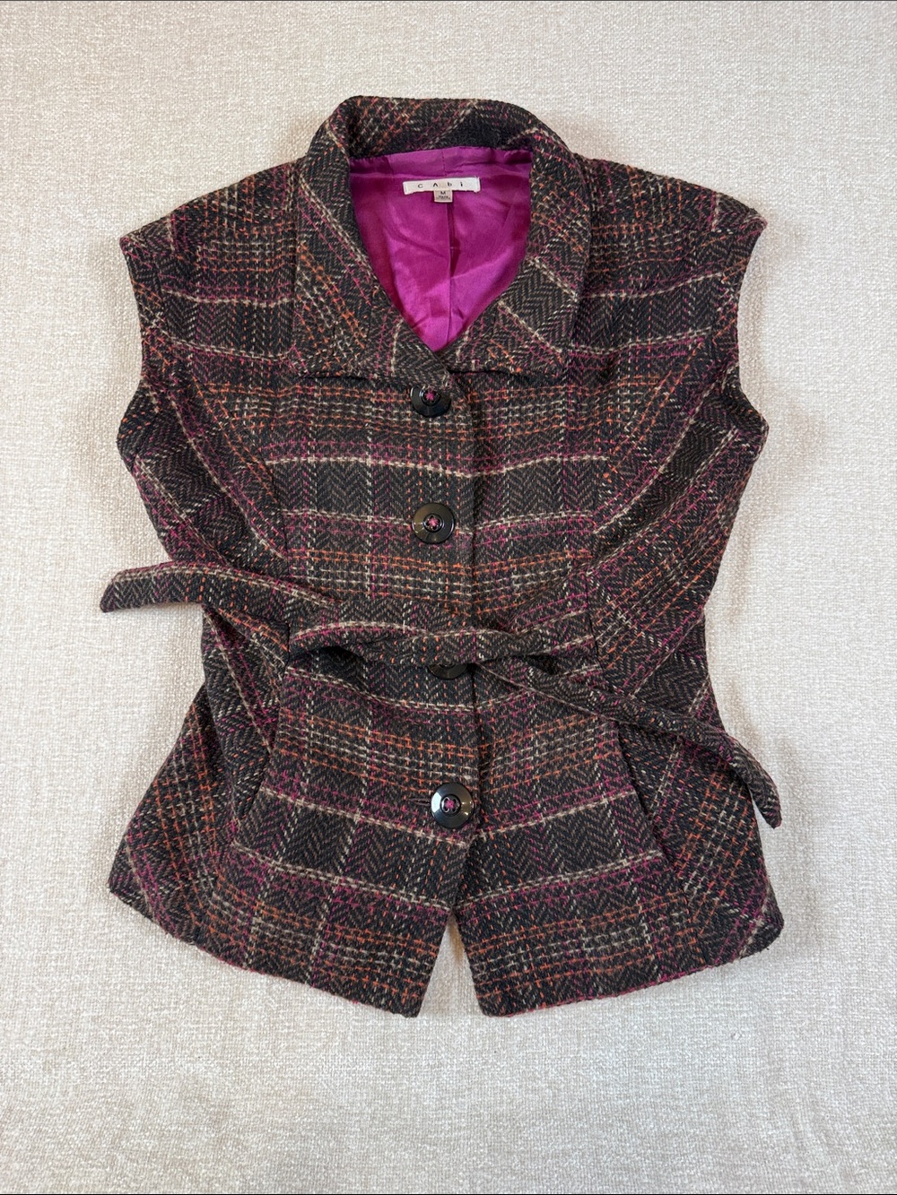 CAbi Cinch It Up Tweed Vest Wool Blend Dark Academia